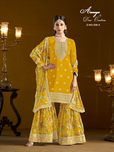 Elégant costume de palazzo Sharara chinnon semi-cousu pour femme, idéal pour les mariages, disponible aux meilleurs prix de gros d'Inde - Product Image 4