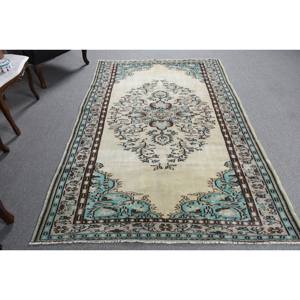 พรมขนสัตว์สีเบจสีฟ้าคลาสสิกขนาด5.1x7.9ฟุตงานเย็บปะสไตล์ตุรกีสำหรับห้องนั่งเล่นหรือห้องนอนพร้อมแผ่นยางรองหลัง - Product Image 3