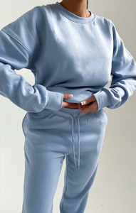 Conjunto de chándal con cuello redondo y puños para mujer de 2 piezas de color azul cielo de gran tamaño, conjunto de chándal y sudadera transpirable para mujer - Product Image 4