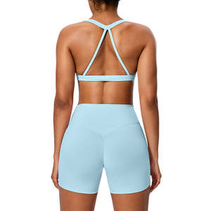 ชุดกีฬา2ชิ้นแบบไร้ตะเข็บบราเว้าหลังเอวสูงกางเกงขาสั้นออกกำลังกายโลโก้ด้านหน้ายิมฟิตเนส - Product Image 5