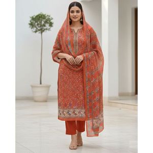 Ensemble de tenue festive pour femmes en coton et mousseline imprimé Paisley, 3 pièces, non cousues, longueur genoux, été - Orange - Product Image 1