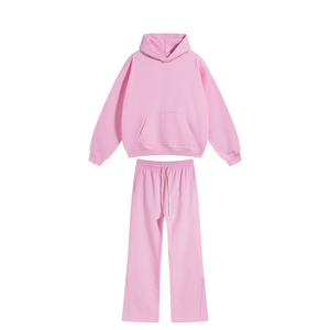 Alta calidad 430g Terry Sudadera con capucha suelta Pierna recta Pantalones acampanados Trajes de sudor Patrón sólido Invierno Cordón Conjuntos de pantalones de empalme - Product Image 4