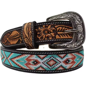 Cinturón Vaquero Personalizado de Cuero Vacuno Resistente, Estilo Vintage, con Cuentas Aztecas, Diseño Floral Grabado a Mano, Hebilla de Aleación - Product Image 1