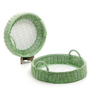 Decorative Green Round Rattan <b>Tray</b> With Modern Chic Handcrafted Design Ideal For Serving <b>Snacks</b> Drinks And Gifts - Product Image 1