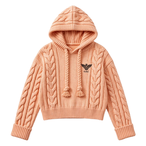 Sudadera con capucha de punto trenzado color melocotón para mujer, jersey de manga larga con cordones trenzados, puños y dobladillo acanalados, top de punto personalizado - Product Image 1