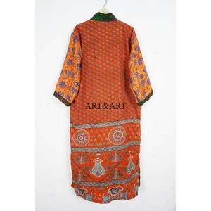 Indian <b>Silk</b> Kimono Patchwork Boho Floral Design Elegant Soft Breathable Long Beach Cover-Up Summer Cardigan <b>Women's</b> Night Wear - Product Image 5