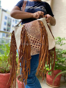 Bolso bandolera con flecos de cuero de vaca a mano de alta calidad para mujer, monederos de hombro de vaquera de cuero genuino a la moda - Product Image 2