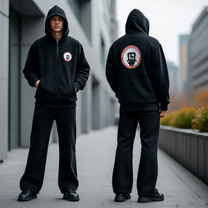 Sweat-shirt à capuche zippé et pantalon évasé 100% coton molletonné pour hommes 3/4 Ensemble de survêtement respirant avec logo sur le devant et l'arrière Couleur unie 1/4 - Product Image 1