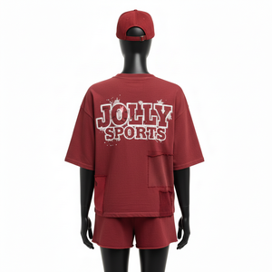 Ensemble short et t-shirt en jersey de coton surdimensionné pour femmes, GSM respirant, tricot uni, logo appliqué, 100% coton, t-shirt et short - Product Image 2