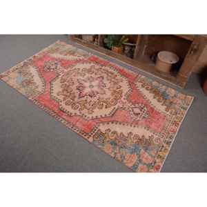 Alfombra turca vintage roja y beige de 3,6x6,7 pies, diseño de retazos de lana de área grande para pasillo, dormitorio, forma rectangular, respaldo de látex - Product Image 3