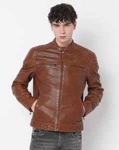 Chaqueta de Motociclista de Cuero Marrón para Hombre, Ecológica, Transpirable, Estilo Café Racer, con Hombros Acolchados, Cierre Vintage, Cuello Mao - Product Image 5
