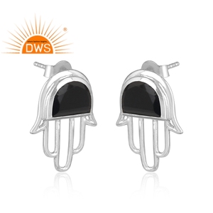 Dernières tendances Boucles d'oreilles en argent sterling 925 fin en onyx noir naturel Boucles d'oreilles design Hamsa Fabricant de bijoux personnalisés - Product Image 1