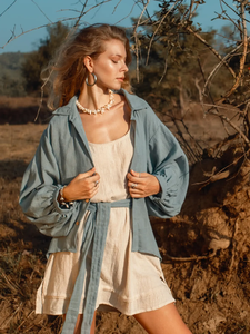 Haut Boho bleu avec manches bouffantes Chemise tricotée taille unique Long uni teint couvrir avec ceinture solide motif Outwear - Product Image 4