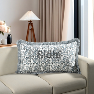 Housse de coussin lombaire RIDHI 20x36 bleu ciel à volants floraux, imprimée à la main, en coton, personnalisable, amovible, lavable, pour décoration intérieure - Product Image 4