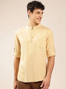 <b>men</b> ivory coloured solid mandarin collar <b>kurta</b> <b>short</b> <b>kurta</b> polyester viscose long sleeves curved hem <b>kurta</b> <b>for</b> <b>mens</b> - Product Image 5