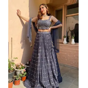 Indian Designer Most Beautiful Arrival Dark Grey color Party Wear Faux Georgette Sequence Work Lehenga Choli Low Rate wholesaler
