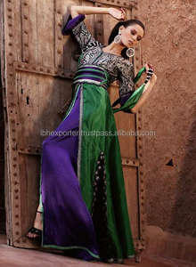 Purple and <b>Green</b> <b>Silk</b> Fabric Bottom With Embroided Top With Belt Best Quality for Muslim Womens in Middle East - Product Image 1