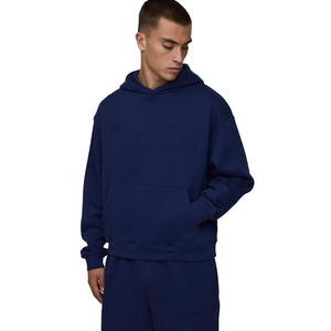 ชุดเสื้อมีฮู้ดและกางเกงผ้าฟลีซสำหรับผู้ชายชุดวอร์มขนาดใหญ่แบบสวมหัวชุดวอร์มไซส์ใหญ่450GSM สีน้ำเงินเข้มผลิตจำนวนมาก - Product Image 3