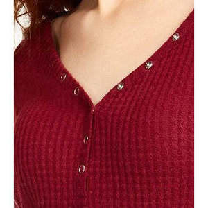 Maglietta Henley in Maglia Waffle Ultra Flirt per Ragazze, Rossa Taglia Media con Decorazione a Bottoni e Motivo a Righe Stampato per la Primavera - Product Image 3