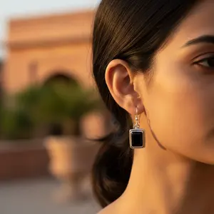 Pendientes de Plata 925 con Ónice, Engaste Geométrico en Rodio, Estilo Religioso para Uso Diario, Regalo para Mujer, Boda, Aniversario, Fiesta - Product Image 2