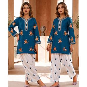 Conjunto de Salwar Kameez de Algodón Zetro Farshi Vol II EMB, Diseñado a Mano (2 Piezas) - Product Image 1