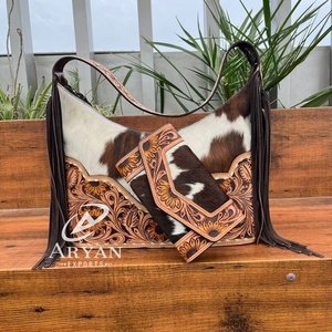 Bolso con flecos de cuero genuino de alta calidad y superventas, bolso de mano con muñequera, conjunto combinado de 2 piezas de piel de vaca para mujer - Product Image 1
