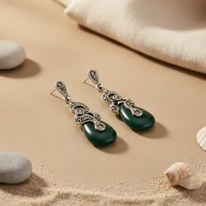 "925 <b>Silver</b> Green Stone Dangle Earrings for Women-Trendy <b>Wedding</b>/Party/Gift" - Product Image 1