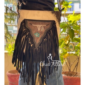Bolso bandolera de cuero con flecos hechos a mano, bolso de cuero de vaca occidental, bolso de transporte oculto, bolso de herramientas con calavera de toro - Product Image 1