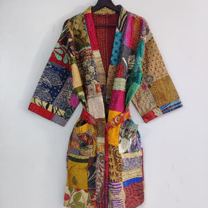 Kimono Kantha de seda de algodón de doble capa para mujer, hermoso Kimono de retazos multicolor con bolsillos y cinturón, cintura Natural - Product Image 1