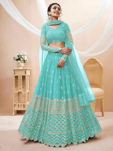 Lehenga Choli en Georgette de Polyester Bleu Aqua, Broderie Zari et Paillettes, Manches Brodées Évasées de 3,5 m, Longueur Ras du Sol, Séchage Rapide, Style Bollywood - Product Image 2