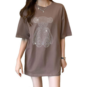 เสื้อยืดผู้หญิงขายดีประจำฤดูร้อน ผ้าแคนวาสระบายอากาศ ประดับเพชร คอทรงโอ แขนสั้น คุณภาพสูง แห้งเร็ว สวมใส่สบาย - Product Image 1