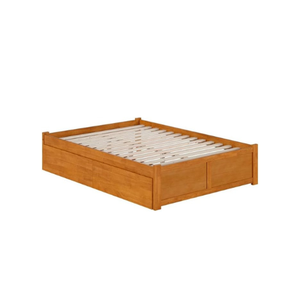 Lit plateforme en pin massif de conception traditionnelle, durable, avec tiroirs de rangement, couleur caramel clair, style panneau, marque TNT - Product Image 1