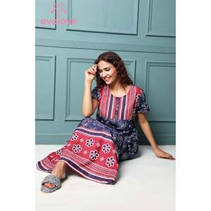 Evolove Women's 100% Cotton Printed Maxi Nightgown-Super Soft <b>Long</b> Sleepwear for Ladies Navy Blue - Product Image 2