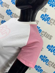 เสื้อยืดครอปสีชมพูสีขาวสำหรับเด็กเสื้อครอปผ้าฝ้ายโพลีเอสเตอร์แขนแร็กแลนคอลูกเรือเข้ารูปเสื้อครอปสำหรับผู้หญิง - Product Image 3