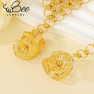 Luxury 24K Gold Hollow Flower Wrists Bracelet <b>Ring</b> <b>Arab</b> Bridal Beaded Big Hand Chain Finger Jewelry Set for Women - Product Image 4