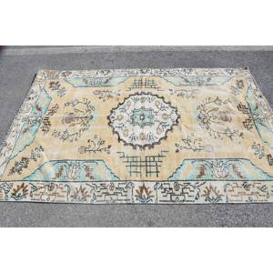 Alfombra de lana Vintage, diseño de retales amarillo y azul, alfombra rectangular de 5,1x7,8 pies para sala de estar, látex de felpa para el suelo del hogar para el pasillo - Product Image 3