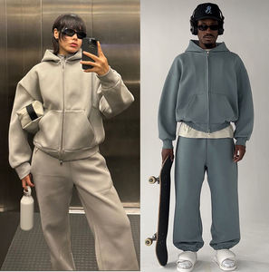 Conjunto de Sudadera con Capucha Unisex de Algodón Grueso con Cremallera Completa, Bordado Personalizado, Ropa Urbana Esencial, Transpirable, Corta, Talla Grande - Product Image 3