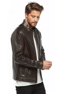 High Quality <b>Brown</b> Genuine Lambskin Stylized Zipper Chest Pocket Fashion <b>Leather</b> <b>Jacket</b> Customizable <b>Men's</b> <b>Jacket</b> - Product Image 6