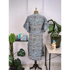 Indischer Handbedruckter Boho-Stil Kaftan-Kleid in Tiefem Stahlgrau Atmungsaktiver Leichter Swimsuit Cover-Up - Product Image 5