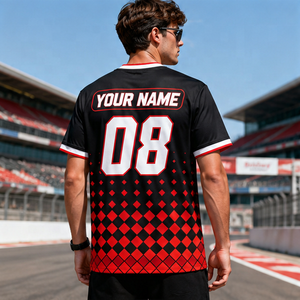 Camiseta personalizada para fanáticos de carreras, con estampado de equipo de mecánicos, tela de malla a rayas, manga corta, sublimación. - Product Image 2