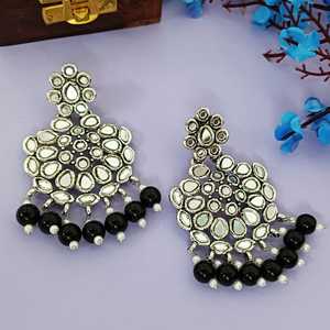 Boucles d'oreilles indiennes oxydées argent cristal classe pierre fausse perle boucles d'oreilles pendantes bijoux, noir - Product Image 1