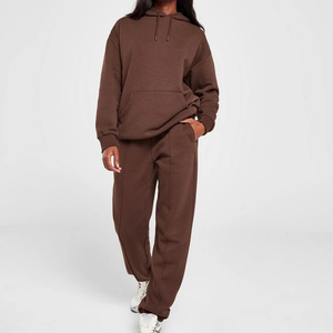 Conjunto Deportivo de Dos Piezas para Mujer, Talla Grande, Color Marrón, 100% Algodón, Sudadera con Capucha y Pantalones de Chándal de Felpa para Invierno, Conjunto Holgado - Product Image 1