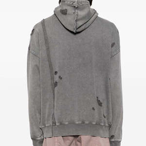Nouveau style – Sweat à capuche déchiré pour homme, printemps, en polyester/coton, avec appliques, streetwear, haute qualité, épaules tombantes - Product Image 3