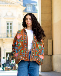 Suzani Velvet Embroidery Floral Woven Autumn Winter <b>Single</b> Button Canvas <b>Quilted</b> Eco-Friendly 100% Cotton Full Sleeves Jacket - Product Image 2