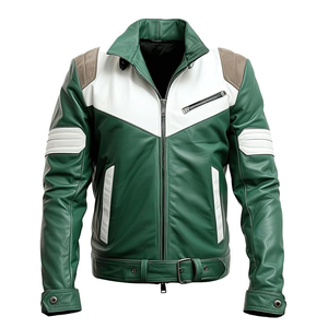 Men's Slim Fit Green & White Genuine Faux Leather Motorbike Jacket with CE Armors Lightweight Winter Motorcycle Jacket by Custom - Product Image 1