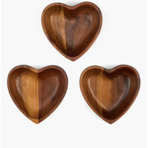 Modern <b>Heart</b> Out Set of 3 Small Acacia Wood <b>Bowls</b> - Product Image 1