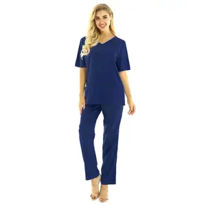 Nuove uniformi infermieristiche mediche personalizzate infermiere ospedale scrub 72% poliestere 21% Rayon blu Navy Top + pantaloni tuta da infermiera bianca