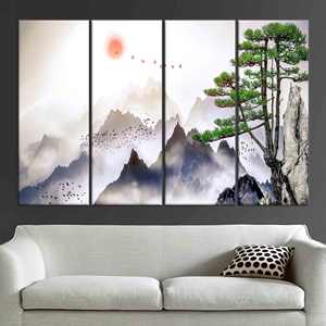 งานศิลปะบนผ้าใบพิมพ์ลายสวยงาม: วิวภูเขา สไตล์มินิมอลแบบญี่ปุ่น ชุดผ้าใบ 4 ชิ้น - Product Image 1