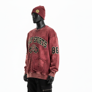 Sudadera para Hombre, Estilo Desgastado, de Algodón Cepillado, Color Granate Lavado, con Bolsillo Delantero, Logotipo Estampado, Estilo Básico - Product Image 4