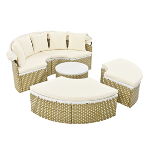 Canapé d'extérieur rond en rotin tressé bicolore avec auvent rétractable, siège séparé amovible beige - Product Image 2